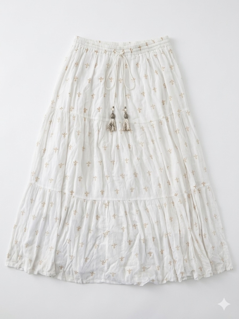 Violet Skies Tiered Maxi Skirt Large Boho Cottagecore Tassel Crinkle Gauze